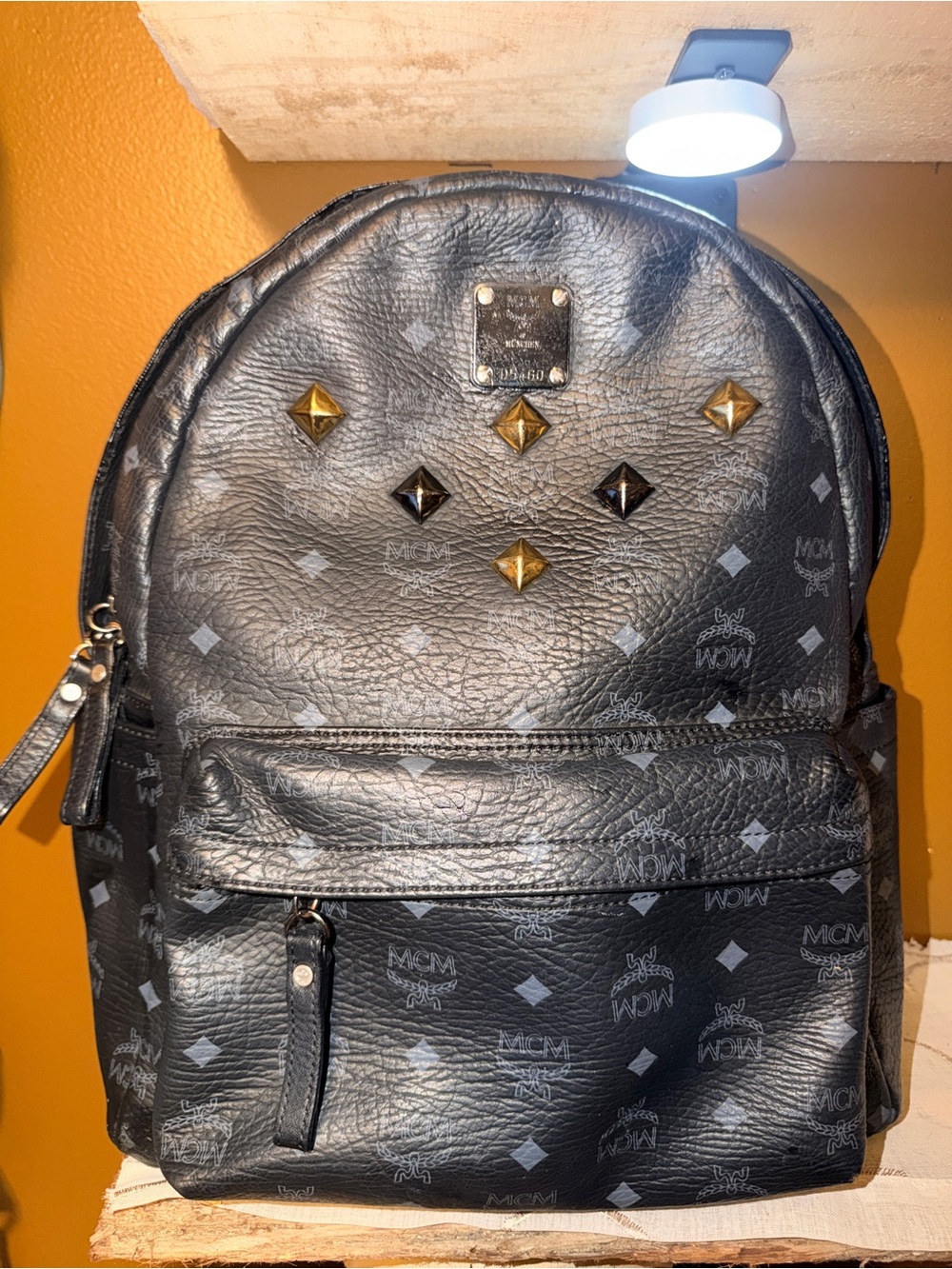 MCM Black Leather Logo Studded Backpack